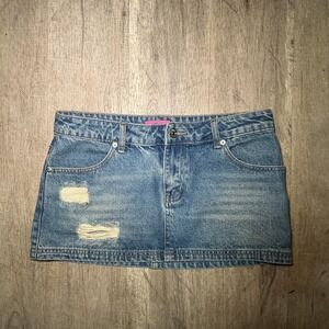 Edikted Blue Light Wash Distressed Denim Mini Skirt Raw Hem Women's Size S